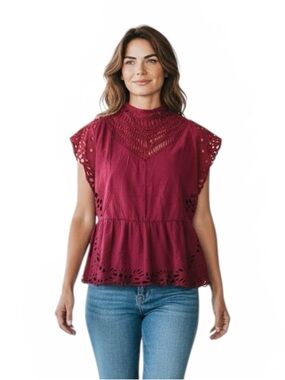 NWT IRO Women’s Burgundy Eyelet Mock Neck Top Sz 34 (US XS)